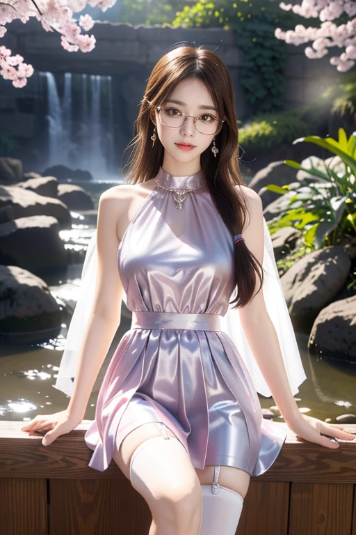 waterfall hot spring background at night，(8K Ultra HD、Digital SLR Camera、Soft Light、high quality、Volumetric Lighting、frank、photo、high resolution、4K、8K、Bokeh)，(Rich details on the eyes and face，warm color, Very saturated colors，Show a charming smile, Willow Leaf Eyebrows，Apricot eye prick，Cherry Blossom, mouth close, Balanced Eyes, Oval face，Perfect face, Pretty Face, Skin is transparent and visible, Fine-skinned tender meat，cosmetic, (Glasses),earrings，Bracelet，necklace, Jewelry，veil，Hair accessories)，(Create stunning images of real girls, warm light, Dynamic poses, Elegant Posture, Cowboy lens, Full body front view，Looks confident from the front，Body front facing the camera，Standing posture facing the camera，Open your legs slightly，Golden Ratio Graphics，Minimalism ), Southeast Asian women，Waist-length hair，Messy Hairstyle, Gradient hairstyles，Cyberpunk hairstyle，(Transparent clothes：2.0)，Pink clothes，Thin clothes。Transparent mesh clothes，Transparent clothes，Transparent tight top，Transparent louver skirt，（Sexy，Perfect breast shape、very detailed breasts，34E cup），No underwear，（Super high waist，Waist hollow，Levain），Black socks.（Transparent knee socks、吊garter，Leg ring，garter、腿部garter）