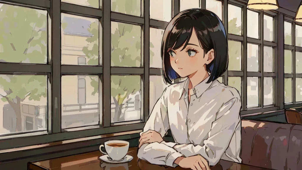 A 32-year-old androgynous adult with a bob cut sitting at a cafe table、Beautiful black hair、Looking down at the tree-lined street below、White coffee cup、Masterpiece、 Sitting alone in a café, Sitting alone in a cafe, Evening Lighting、Wooden retro cafe、White Shirt