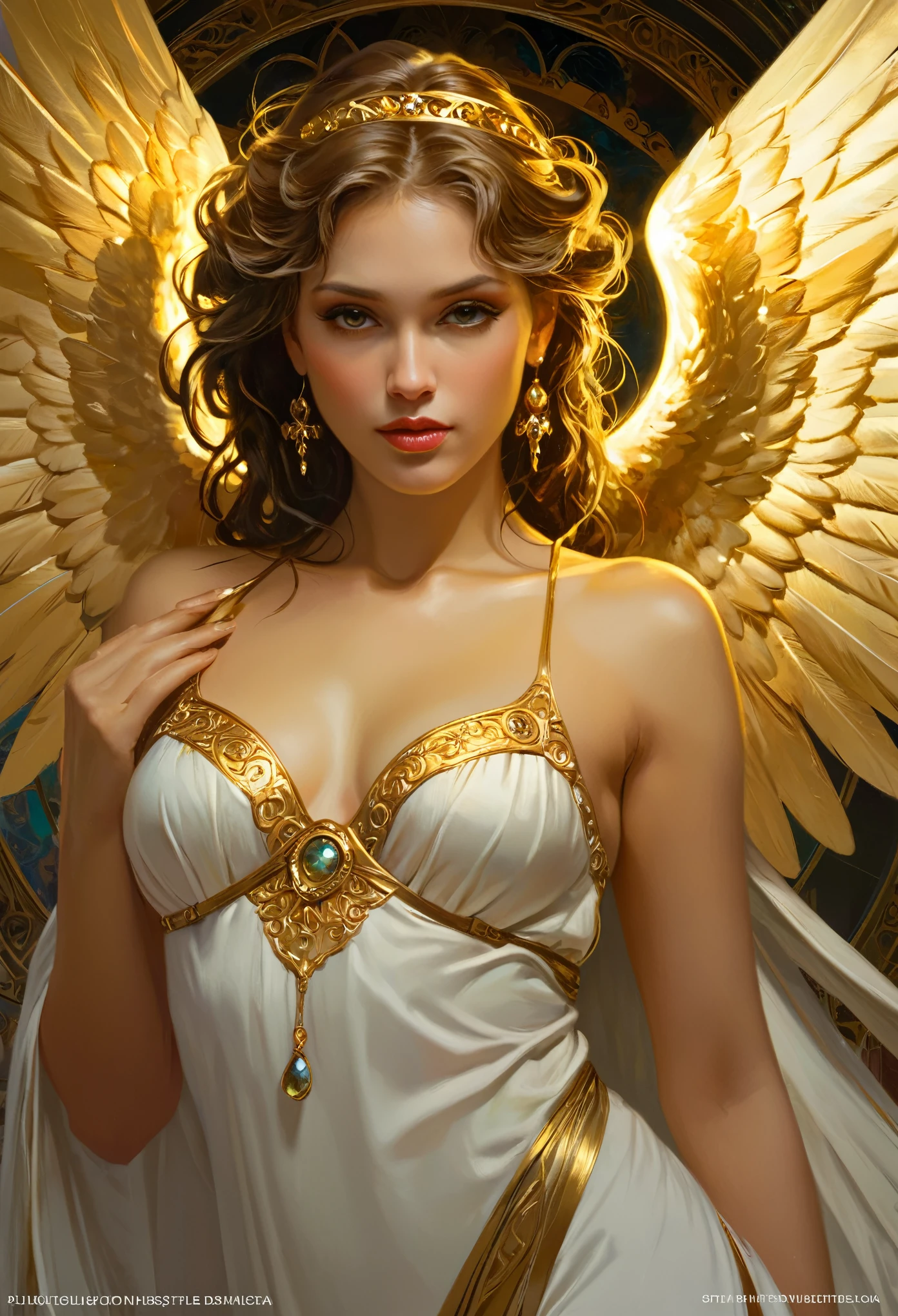 Close-up portrait of the most beautiful angel in the universe, D & D, face, Fantasy, complicated, elegant, Very detailed, Digital Painting, Art Station, Concept Art, Smooth, Sharp focus, figure, ArtJam, Greg Rutkowski, Art by Alphonse Mucha, sexy, golden eyes, 