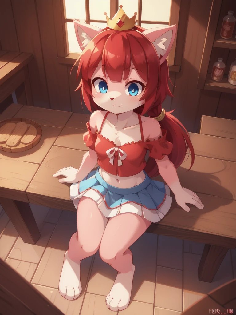 furry girl, cat, red hair, Knight bangs hairstyle, long ponytail, anime style, medium breasts, blue eyes, ((red frilly shirt, two shoulders, midriff, white skirt, princess crown)), high quality, detailed body, detailed eyes, detailed face, masterpiece, glistening body, detailed body fur, best quality, two tone body, pink fur, clear pink fur, perfect lighting, perfect shadows, perfect eyes, perfect hair, perfect face, gorgeous body, skinny, solo, :3, sitting, tavern, skinny, looking at viewer, full body, feets with three toes, 3 toes, score_9,score_8_up,score_7_up, source_cartoon, source_furry, glowing red eyes, from above, motion blur, Birds Eye view,