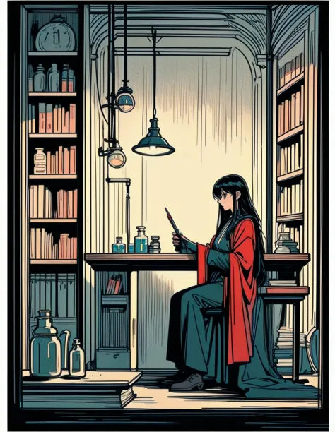 Alchemist, workshop, large cauldron, medicine bottle, wizard's tools, bookcase, heavy leather books, fantasy robes, researcher, ...