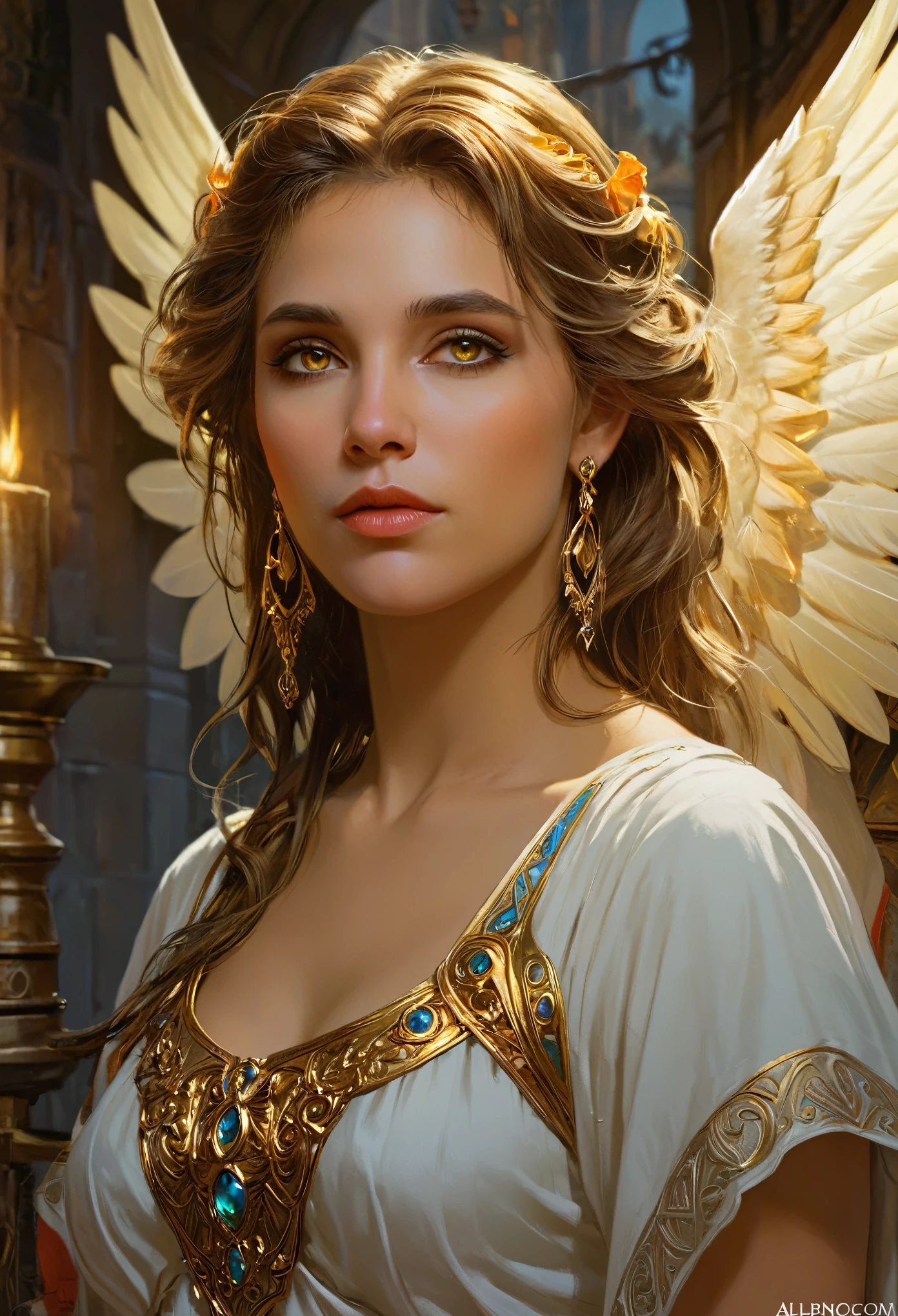 a beautiful angel, closeup portrait, intricate, elegant, extremely detailed, digital painting, art station, concept art, smooth, sharp focus, fantasy, dungeons and dragons, detailed face, alphonse mucha art style, greg rutkowski art style, vivid colors, dramatic lighting, cinematic, photorealistic, golden eyes,