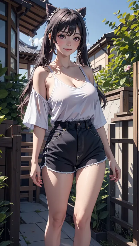 (Keqingrnd), masterpiece, narrow waist,large breast, blush, detail body, outdoor, detail eyes, cg, (white shirt), standing, smil...