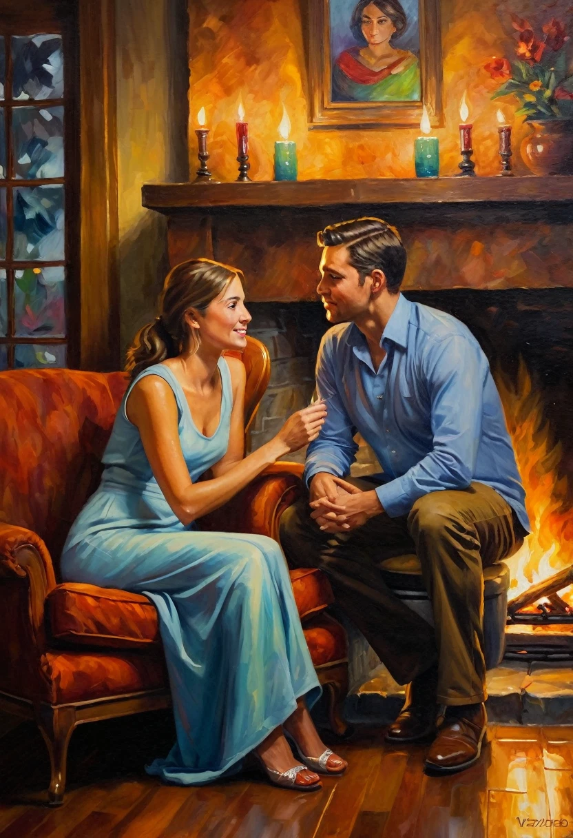 Uma pintura a óleo íntima que captura um casal envolvido em uma conversa profunda perto de uma lareira aconchegante, expressões de empatia e compreensão evidentes em seus rostos, tons de cores ricos para transmitir calor e confiança, obra de arte, pintura a óleo sobre tela, expressões faciais sinceras, luz de velas ambiente criando uma atmosfera aconchegante --v 5 --stylize 1000 --ar 16:9