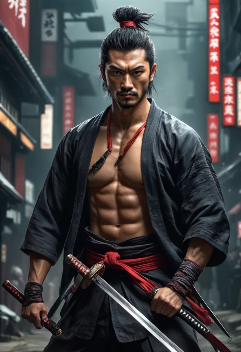 best quality，Ultra-fine, Samurai male, (pulling Japanese sword from sheath on waist), fighting，Dodge，avoid，lifelike,, katana illustration, (pulling Japanese sword from sheath on waist), muscular or broad chest BREAK (holding (katana sword:1.2)), (blade shimmering), (holding sword sheath) BREAK (cyberpunk style) hyperrealism, very detailed skin, 4k, inkpunk style, black and red, great lighting.