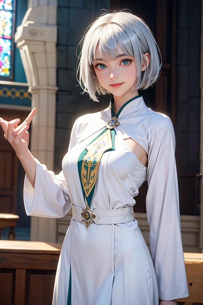 Perfect human body modeling, 1girl, beautiful girl, cute girl and idol face, young face, smile, short and bob cut hair, silver hair, ahoge, white shiny skin, beautiful green eyes, medium breasts, Western-style fantasy, RPG, church, Fantasy Monks, Blue priest's uniform, white priest's garb,