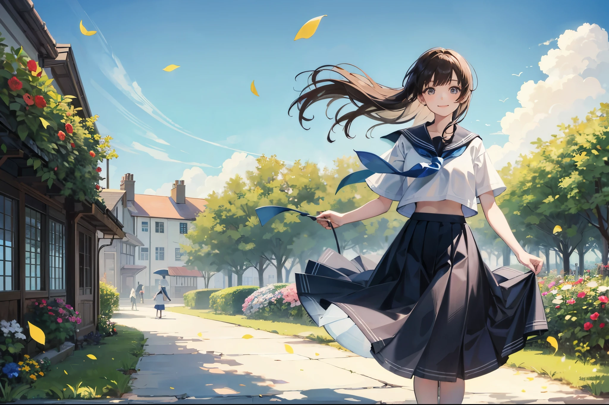 (masterpiece),  town,  blue sky,  One Girl,  smile,  alone,  Sailor suit、Long skirt,  Overgrown,  petal,  plant、Skirt lining、Translucent slip、nostalgic、Strong winds、Skirt fluttering in the wind