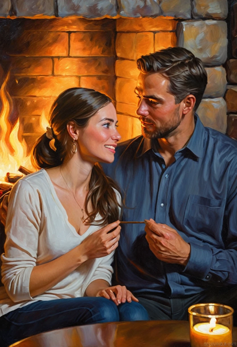 An intimate oil painting capturing a couple engaged in deep conversation by a cozy fireplace, expressions of empathy and understanding evident on their faces, rich color tones to convey warmth and trust, Artwork, oil painting on canvas, sincere facial expressions, ambient candlelight creating a cozy atmosphere --v 5 --stylize 1000 --ar 16:9