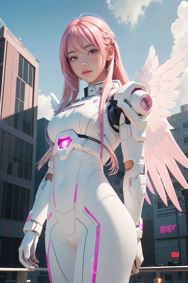 ((masterpiece, best quality, extremely detailed), volumetric lighting, ambient occlusion, colorful, glowing), 
1girl, solo, young girl, (pink hair), long hair, halo, aura, sacred, godness, cyber suit, (white outfit:1.3), android, bot, angel wings,
outdoors, sunset, sky, clouds, space, (cyberpunk theme:1.2),