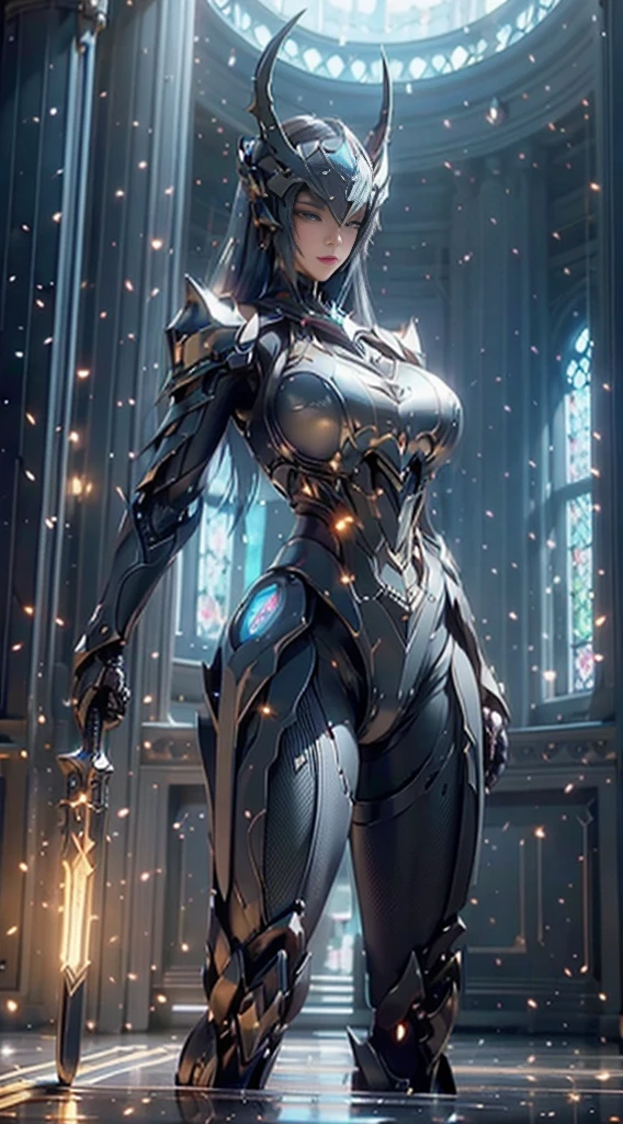 ((unreal engine 5)), lifelike rendering, excellent, (Full Armor Body), (metal armor), (black and blue armor:1.2), (cloaks), (black and blue helmet), horns, looking in camera, Stand in the studio, Beautiful face, makeup, CGI Mix, (Photorealism:1.2), Ultra-realistic UHD face, (Huge fake:1.4), (huge-breasted:1.1), (Muscle abs), (Big butt), (wide hips), (thick thighs), Slim waist, an hourglass figure, Half body, ((Glowing skin)), ((Shiny skin)), Realistic body, ((She has a sexy body)), ((Clean skin)), Photorealistic, Bokeh, masterpiece, high resolution, 1080p, (4K), Super Detail, Textured skin, Sharp focus, Highres, UHD, HDR, gigapixels