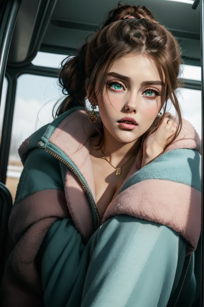 1 beautiful woman, large body, made up face, brown hair, pink lips, hair tied in 1 tail, ponytail, small earrings, closed light blue jacket, formal light blue pants, big nails, made up eyelids, brown bag, sit on the bus, eyes open, green eyes, mouth open,  ((Very intense makeup)), voluptuous woman, younge Lucy Pinder, mouth open.