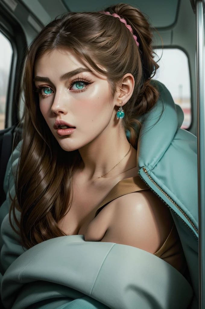 1 beautiful woman, large body, made up face, brown hair, pink lips, hair tied in 1 tail, ponytail, small earrings, closed light blue jacket, formal light blue pants, big nails, made up eyelids, brown bag, sit on the bus, eyes open, green eyes, mouth open,  ((Very intense makeup)), voluptuous woman, younge Lucy Pinder, mouth open.