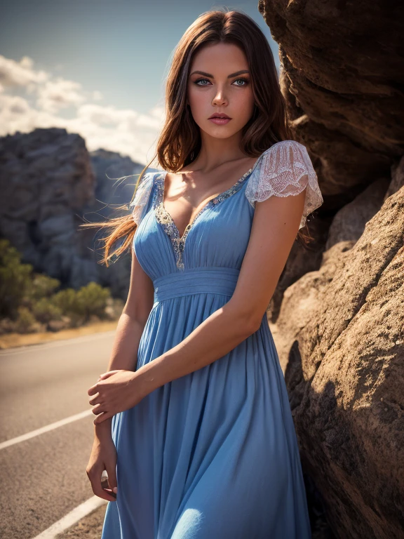 stars, standard, freckled face, Auto white balance, interesting lights and shadows, hyper-detailed, meditation, clamps, high quality photo, witches, (Photorealistic:1.4), Blue eyes, ((masterpiece)), sundress dress, antagonist, Road, rocks, ultra detailed eyes, overhaul,