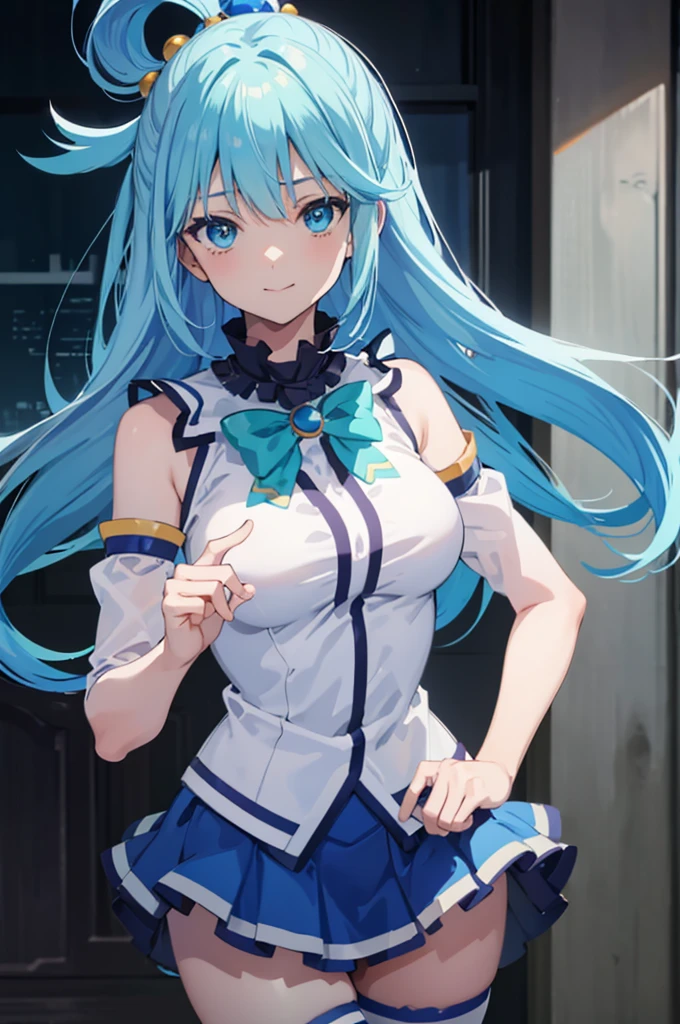 masterpiece, best quality, high resolution, best illustration, super fine illustration, (official art:0.7), (anime screencap:0.8), detailed beautiful face and eyes, anime keyvisual, (perfect anatomy:1.1), 8k portrait, (detail focus fingers:1.2), 
1girl,
Aqua, 
Aqua \(konosuba\),
long hair, single hair ring, 
blue hair, 
(blue eyes:1.2), (beatiful detailed eyes:1.2), 
green bow, 
medium breasts, 
blue shirt, blue skirt, white thighhighs, bare shoulders, detached sleeves, zettai ryouiki, 
looking at viewer, 
cowboy shot, 
natural light, background of indoor, smile, 