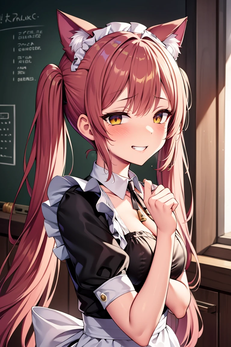 Private Maid, (compensate:1.2), Twin tails, Very long hair, Cat ear, Maid&#39;s Headdress, Hair Clip, Cleavage, Huge breasts, Neck bell, bow, ((Maid Apron)), White gloves, elbow gloves, Garter Straps, White knee socks, corruption, Hollow Eyes, Half-closed eyes, Wicked Smile, No students, Grin, Open your mouth, One girl, Mature Woman, Married women, (Dark Magical Girl), Dark Theme, Dark person