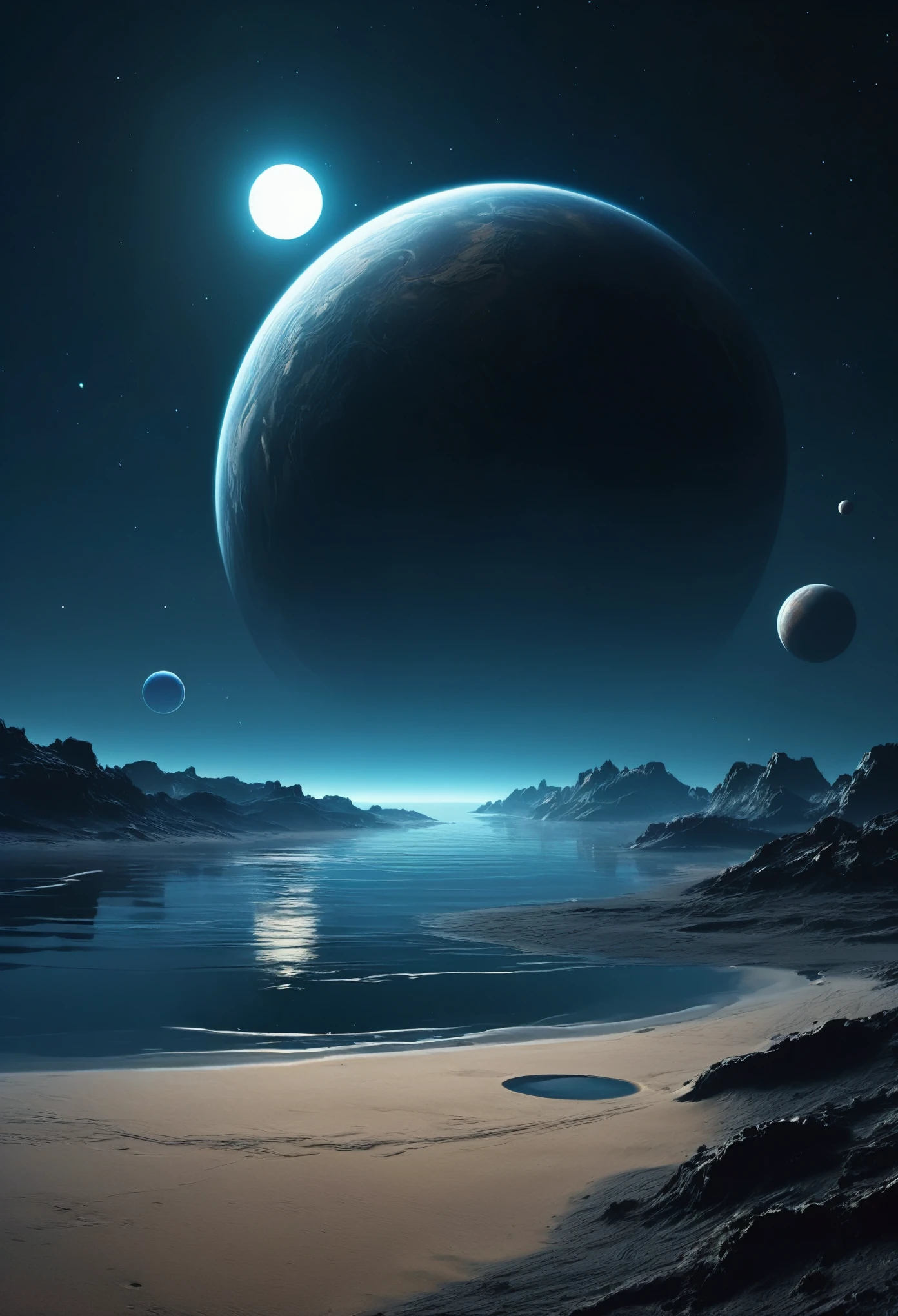 create a view of two small dark gray gaseous planets far away from the dense atmosphere and superimposed in nighttime outer space in the upper corner of the dark image seen far away through the dark dense surface of a sandy planet with only sand on the surface and dark blue water reflecting the sky cyberpunk style at night,  space is dark and it is possible to see only the illuminated part of one side of the planets by the dense atmosphere, total dark, dark horizon, penumbra, as realistic as possible, the sun is out of the picture, has a horizontal and low building with lit windows, It&#39;s a small-scale building on the rock,