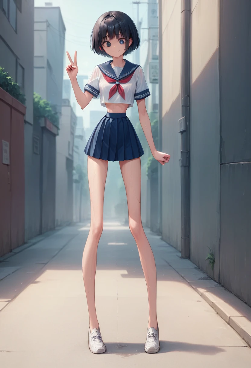 (masterpiece, best quality:1.4), front shot, 1girl, kawaii, (micro waist, very long legs:1.3), Black hair, short bob hair, short height, scrawny and thin body, Light Skin, cute big eyes, cute beautiful thin face, forced smile, serafuku, pigeon-toed, wet and sweaty, visible ribs, V sign, Trembling