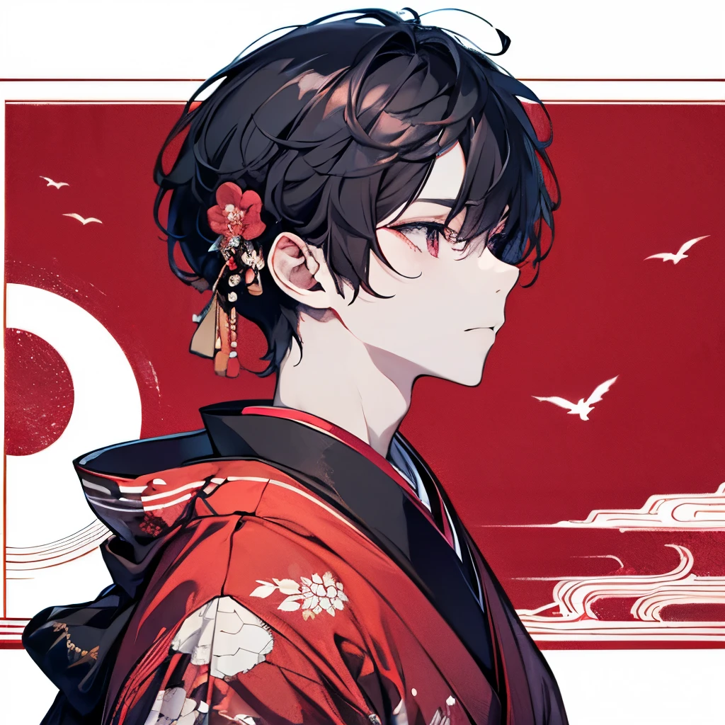(masterpiece, highest quality:1.2), One men's, alone, (junihitoe:1.2), (12 layered kimono:1.2), ( black hair:1.2), (no hair ornaments:1.2), red karaginu, court crest print, open hiogi, purple-red hakama, white mo-skirt, red bodered strip, hole body,  From diagonally ahead, from front, from side, simple Background, blank background, CROW
