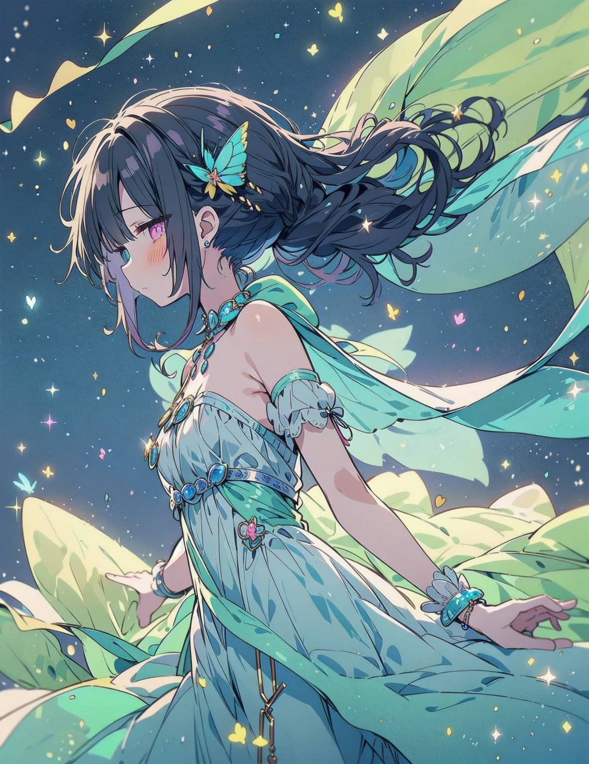 natural lighting, soft smile, upturned cheeks, half up-do, floating hair, coquettish hair, slightly shining hair, dress, silk, satin, silky gloss, 1girl, solo, evening, starry sky, spring ephemerals, profile, crystal, glassy gloss, amorphous dress, tropical bird, fire fly, lighting fly, butter fly, morpho, jewelry, ornaments, antique,
