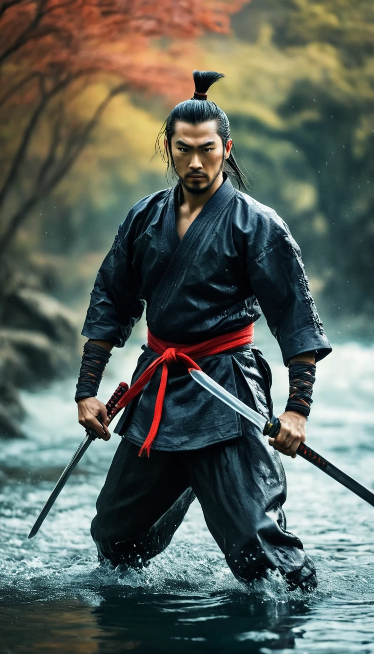 best quality，Ultra-fine，warrior samurai in water ，view in front of the camera, Air，One hand holding a katana，Face mask，fighting，Dodge，avoid，lifelike，photorealism：1.37），bright colors，clear focus，Defocused，（fantasy：1.2），（mystical landscapes），（dynamic poses：1.37），（intense gaze），（Extraordinary power），（the power of myth），black and red，Wounds on the body，splash

