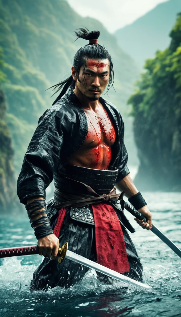 best quality，Ultra-fine，warrior samurai in water ，view in front of the camera, Air，One hand holding a katana，Face mask，fighting，Dodge，avoid，lifelike，photorealism：1.37），bright colors，clear focus，Defocused，（fantasy：1.2），（mystical landscapes），（dynamic poses：1.37），（intense gaze），（Extraordinary power），（the power of myth），black and red，Wounds on the body，splash
