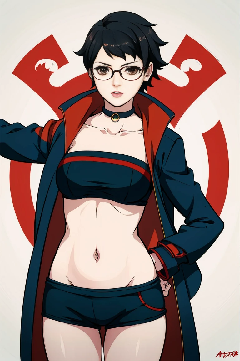 anime girl in a short dress and glasses with a red cape, persona 5 art style wlop, style artgerm, extremely detailed artgerm, ! dream artgerm, ig model | artgerm, female protagonist 👀 :8, realistic anime 3 d style, artgerm portrait, anime styled 3d, realistic anime artstyle ((( same  pose showing belly)))(((naked)))((((no jacket)))(((no cape)))