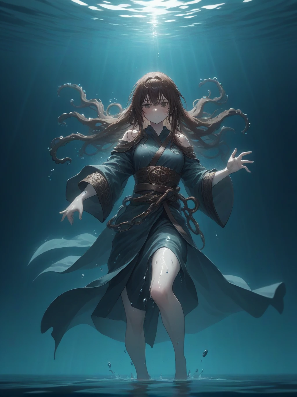 Partially underwater,最high quality,high quality, , Long Hair, Brown Hair, Wet Hair, Flat Chest,Dark underground labyrinth,No light,Cloth armor,Equipped with a dagger and a shield,Face above water,Body in water, Underwater Photography,The robe rolls up due to buoyancy,Painful face、My leg is pulled by tentacles、Being dragged into the water、Go wild