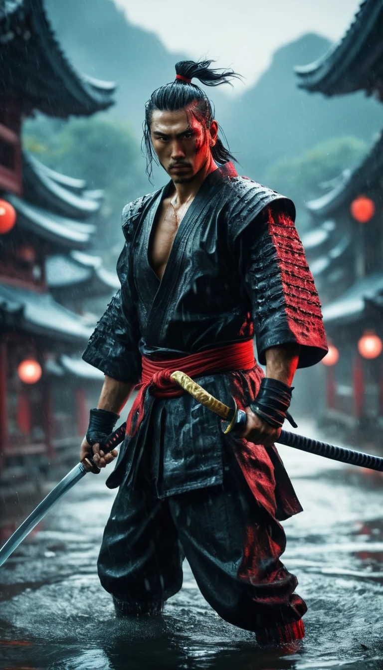 best quality，Ultra-fine，warrior samurai or samurai male in water ，Air，One hand holding a katana，Face mask，fighting，Dodge，avoid，lifelike，photorealism：1.37），bright colors，clear focus，Defocused，（fantasy：1.2），（mystical landscapes），（dynamic poses：1.37），（intense gaze），（Extraordinary power），（the power of myth），black and red, hyperrealism, very detailed skin, 4k, inkpunk style, great lighting, cyberpunk style,, rainy day，Wounds on the body，splash
