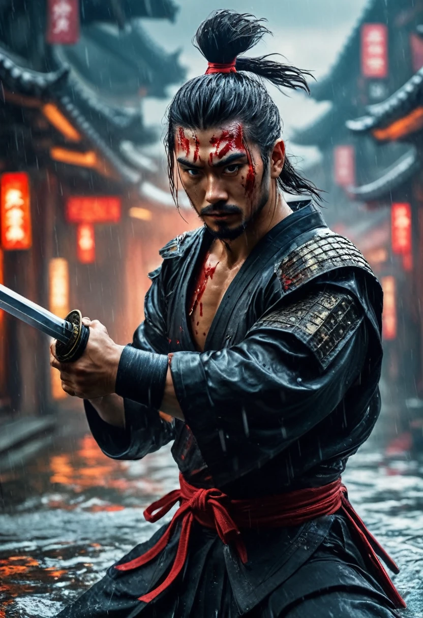 best quality，Ultra-fine，warrior samurai or samurai male in water ，Air，One hand holding a katana，Face mask，fighting，Dodge，avoid，lifelike，photorealism：1.37），bright colors，clear focus，Defocused，（fantasy：1.2），（mystical landscapes），（dynamic poses：1.37），（intense gaze），（Extraordinary power），（the power of myth），black and red, hyperrealism, very detailed skin, 4k, inkpunk style, great lighting, cyberpunk style,, rainy day，Wounds on the body，splash
