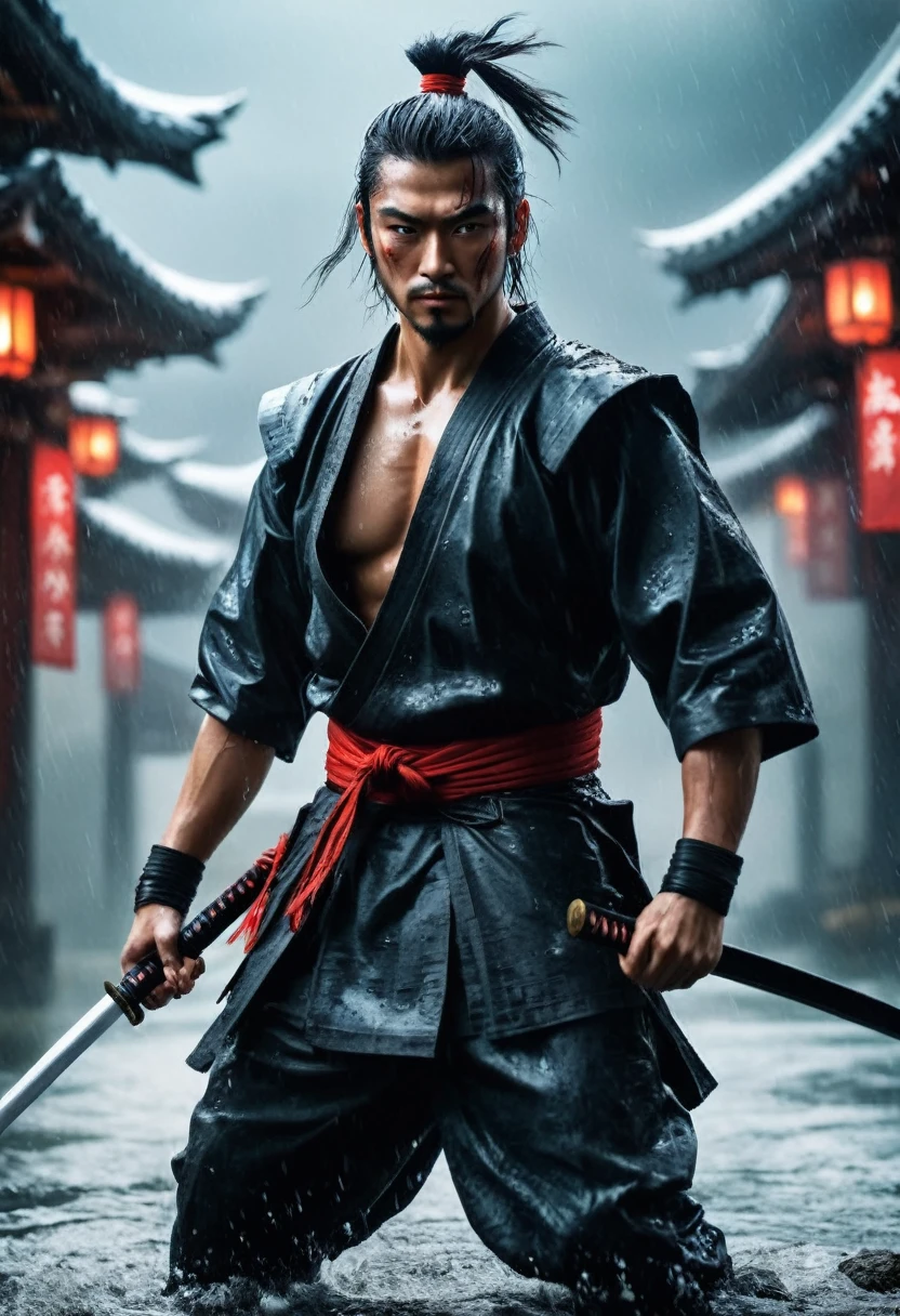 best quality，Ultra-fine，warrior samurai or samurai male in water ，Air，One hand holding a katana，Face mask，fighting，Dodge，avoid，lifelike，photorealism：1.37），bright colors，clear focus，Defocused，（fantasy：1.2），（mystical landscapes），（dynamic poses：1.37），（intense gaze），（Extraordinary power），（the power of myth），black and red, hyperrealism, very detailed skin, 4k, inkpunk style, great lighting, cyberpunk style,, rainy day，Wounds on the body，splash
