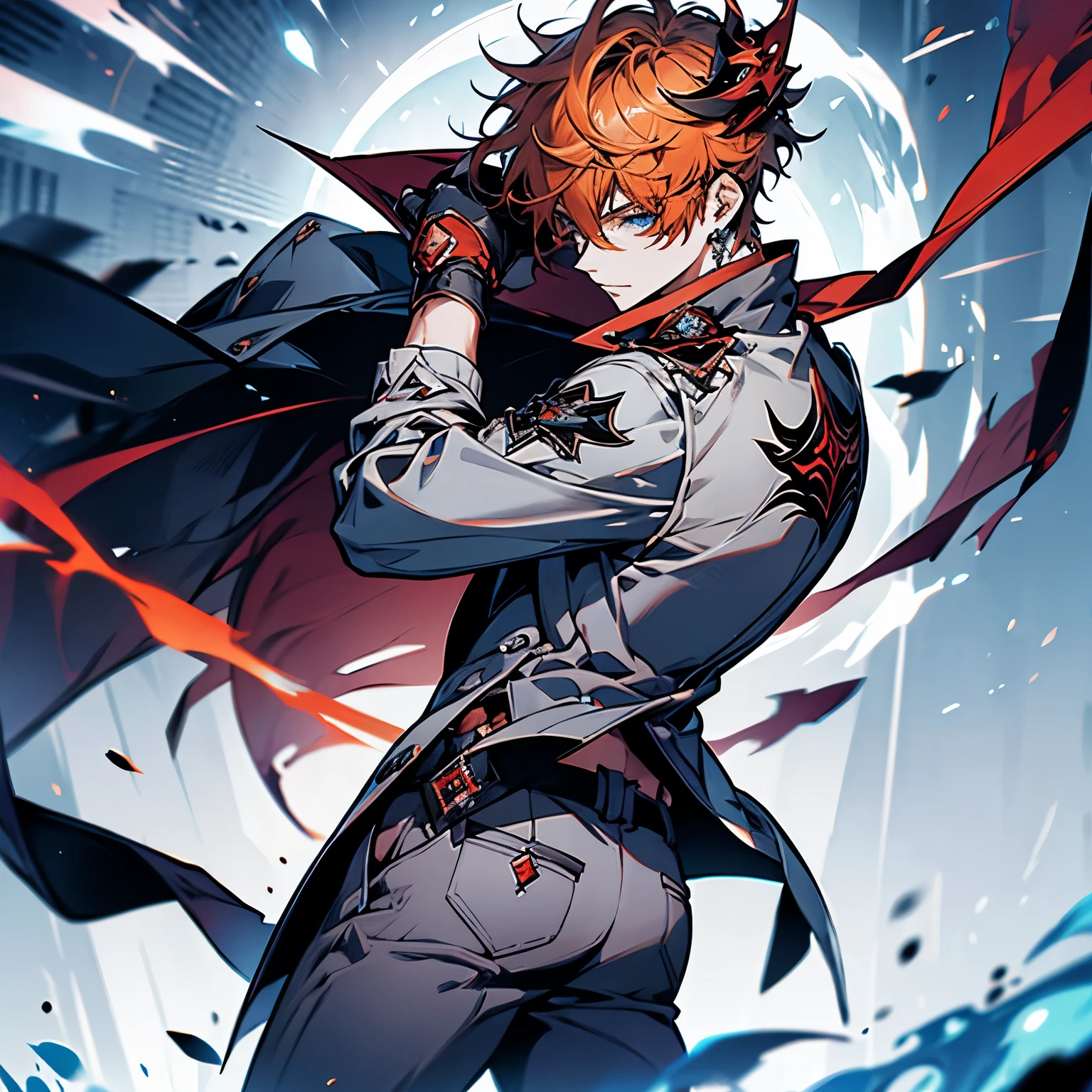 childe, solo, short hair, blue eyes, shirt, gloves, 1boy, hair between eyes, jewelry, jacket, male focus, earrings, black gloves, pants, orange hair, mask, single earring, red scarf, grey jacket, vision (genshin impact), mask on head, half gloves, grey pants, red mask, dynamic pose, from the side and rear