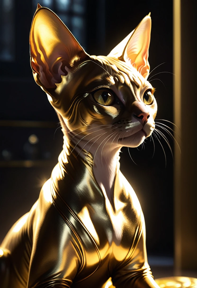 Sphynx Cat, Gold and cosmo, Isabelle, Okumura Masanobu, Ross Tran, beautifully backlit, dramatic lighting, aesthetic, very inspirational, arthouse