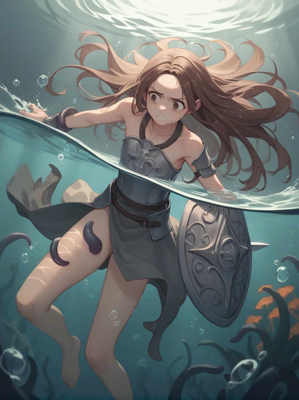 Partially underwater,最high quality,high quality, , Long Hair, Brown Hair, Wet Hair, Flat Chest,Dark underground labyrinth,No light,Cloth armor,Equipped with a dagger and a shield,Face above water,Body in water, Underwater Photography,The robe rolls up due to buoyancy,Painful face、My leg is pulled by tentacles、Being dragged into the water、Go wild