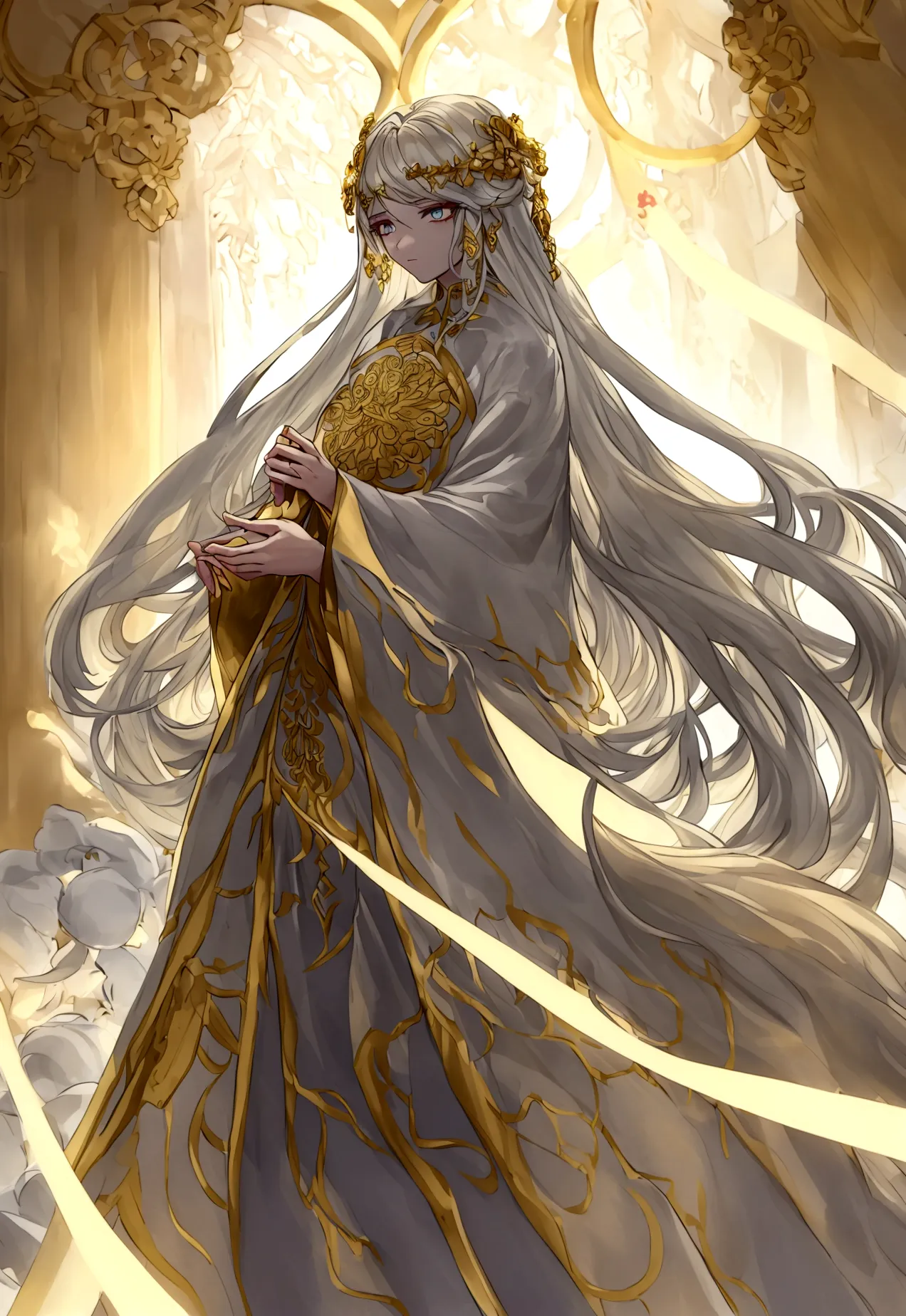 miquella is depicted as an eternal  with an otherworldly, almost angelic aura. he has long, flowing, golden hair that cascades d...