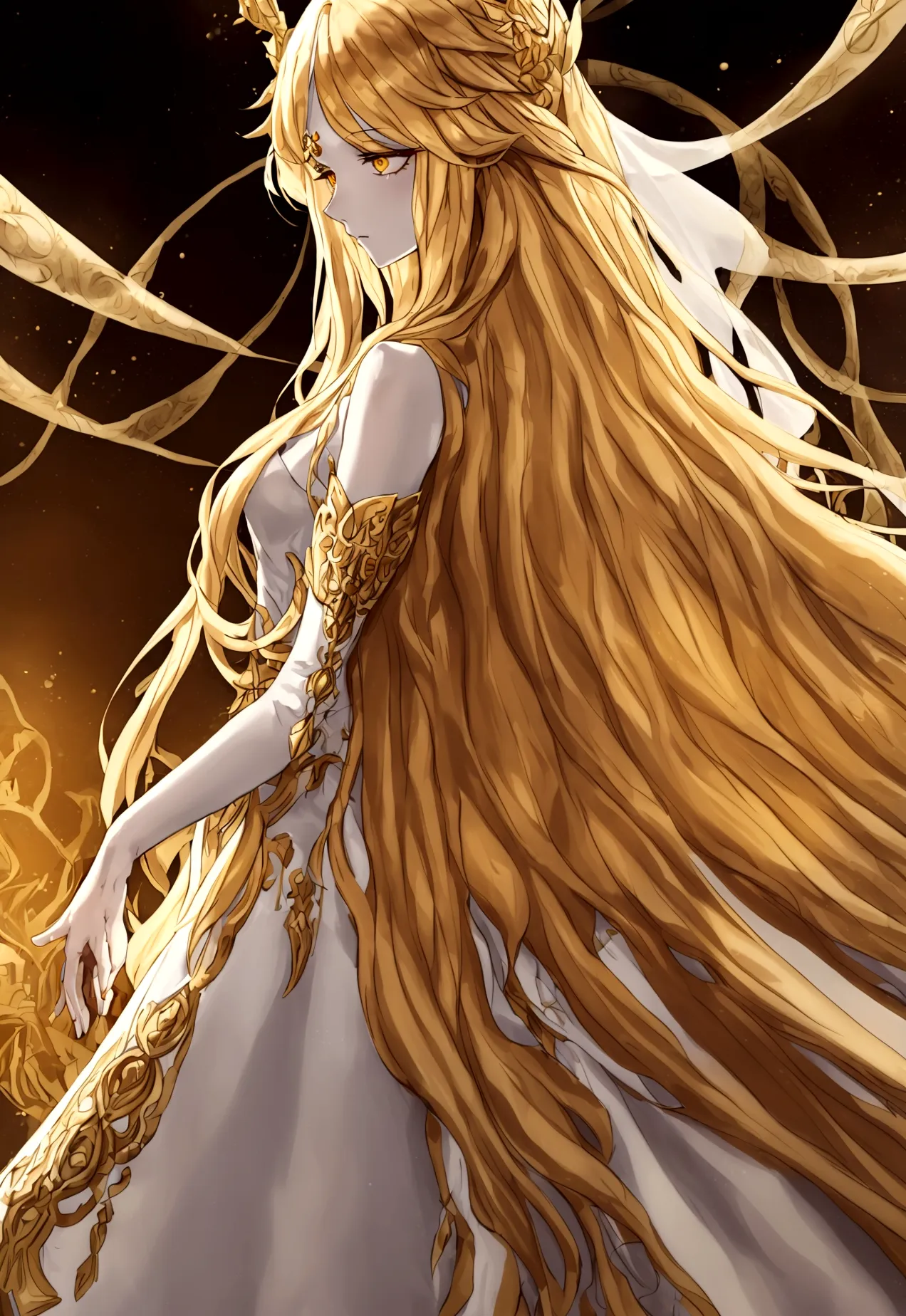 miquella is depicted as an eternal  with an otherworldly, almost angelic aura. he has long, flowing, golden hair that cascades d...