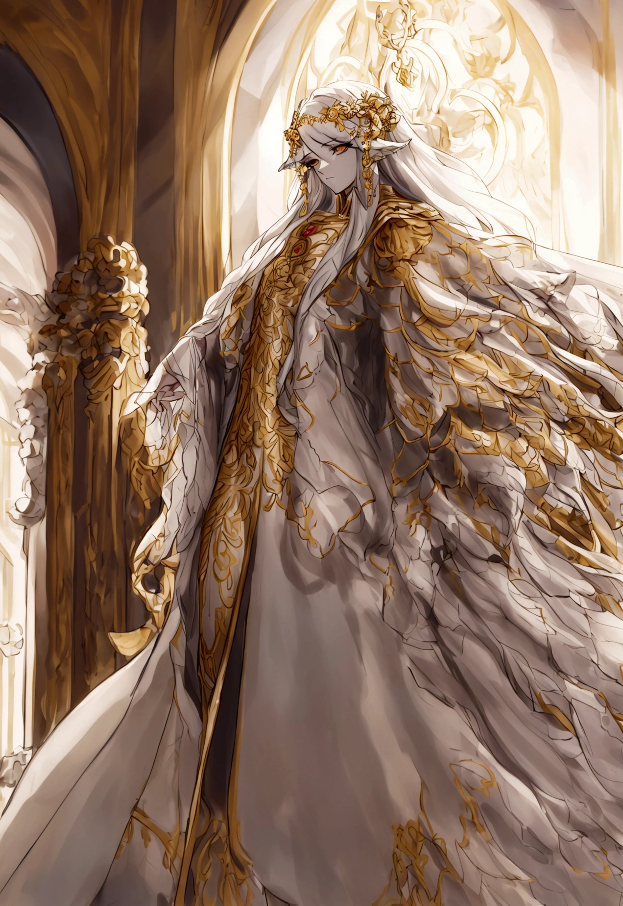 Miquella is depicted as an eternal  with an otherworldly, almost angelic aura. He has long, flowing, golden hair that cascades down his back, giving him a radiant appearance. His skin is fair and smooth, unmarred by age or battle scars, emphasizing his perpetual youth. His eyes are large and expressive, glowing with a gentle, warm light that contrasts with the often harsh world around him. Miquella wears elegant, flowing robes adorned with intricate, golden embroidery and mystical symbols, indicating his royal and divine lineage. His attire is both regal and ethereal, often with elements that suggest purity and innocence, such as white or light-colored fabrics and delicate, ornate accessories.