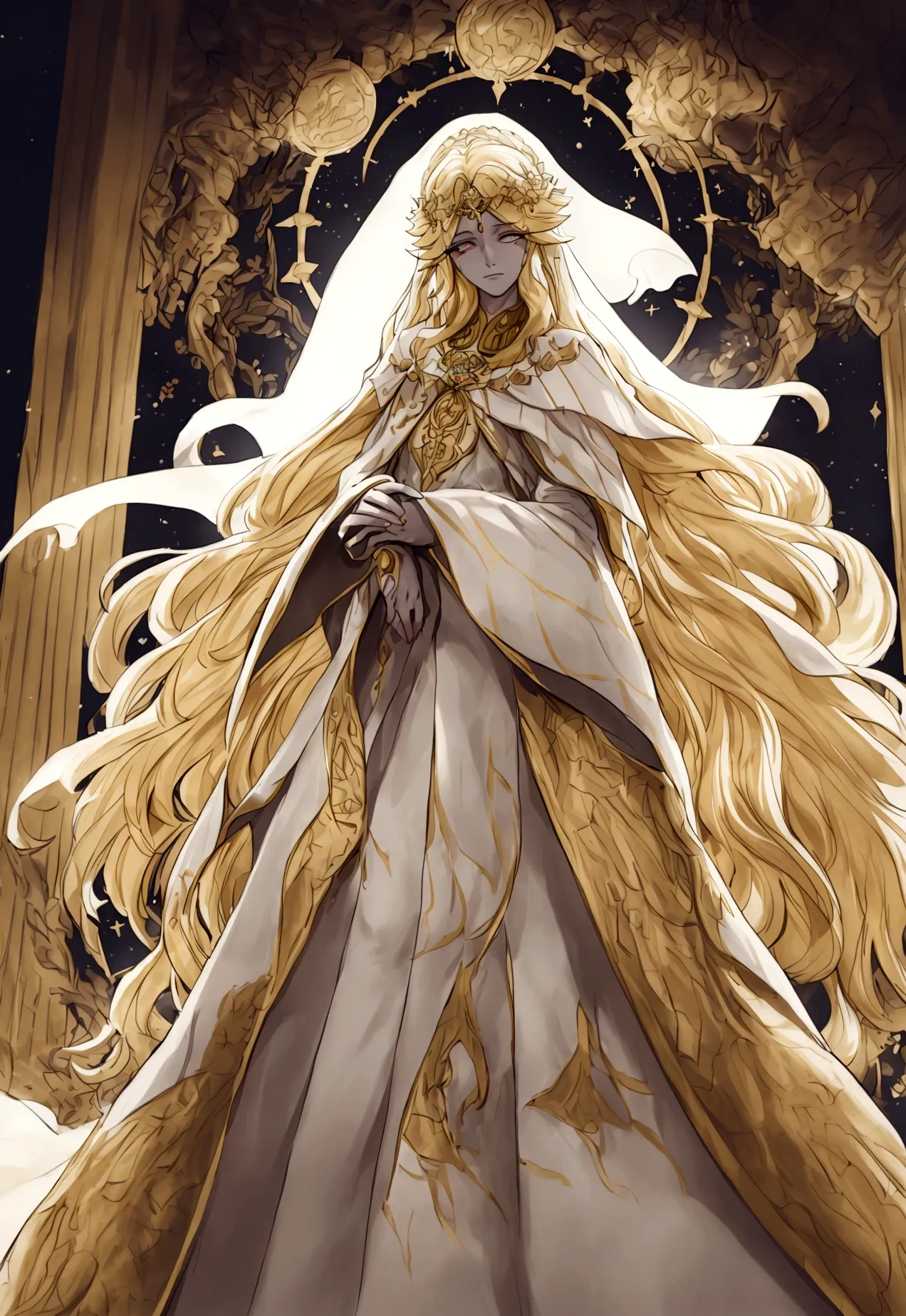 miquella is depicted as an eternal  with an otherworldly, almost angelic aura. he has long, flowing, golden hair that cascades d...