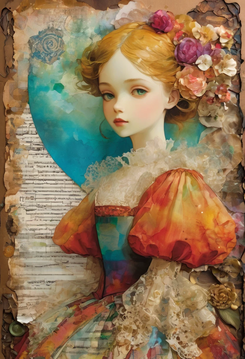 Super detailed alcohol ink painting of gorgeous girl, Made on top of a mixed-media masterpiece patchwork of stress-free vintage script paper, Ephemera, Torn cardboard, Vintage newspaper, Vintage sheet music, Wax Seal, Dress made of paper ruffles and life-size dainty lace, in the style of [Junk Journal, double exposure, Equal to the size of the body, Greg Simkins, Mark Davis, Oliver Jeffers, Andy Kehoe], Cinematic, Stunning, Highly detailed, 8K, dehazed
