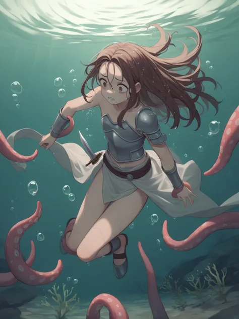 Partially underwater,最high quality,high quality, , Long Hair, Brown Hair, Wet Hair, Flat Chest,Dark underground labyrinth,No lig...