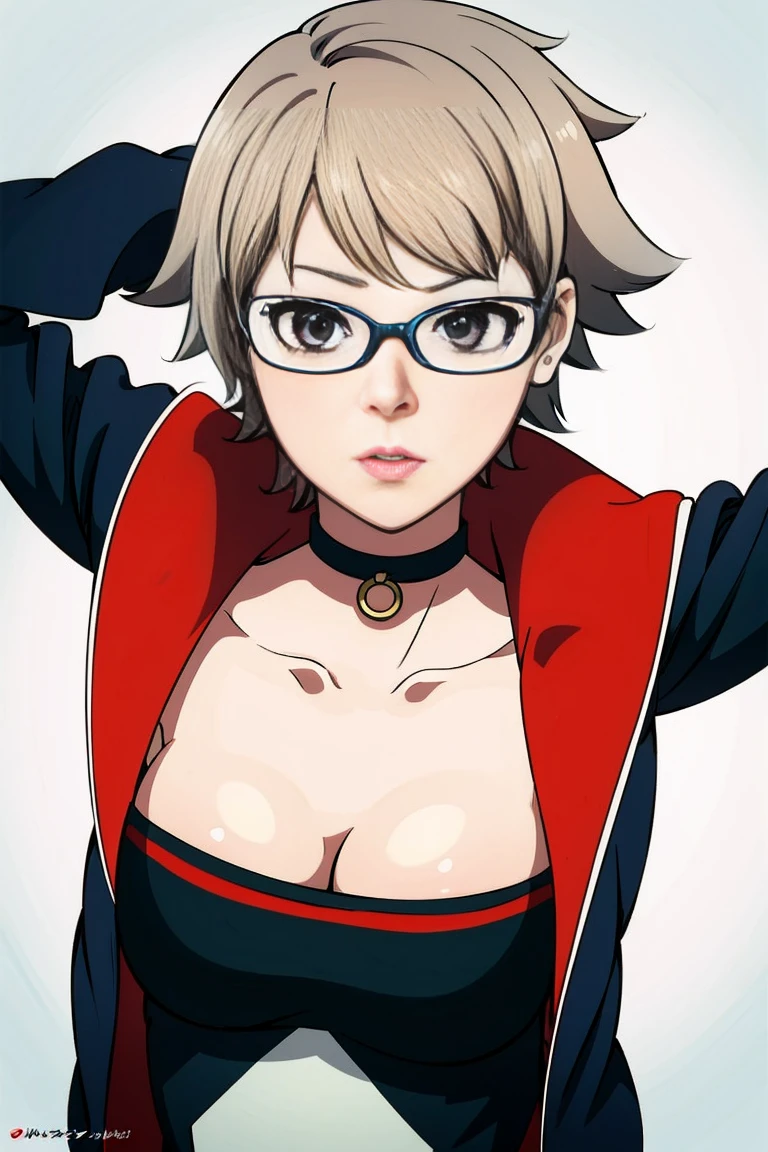 anime girl in a short dress and glasses with (((half  visible)))), persona 5 art style wlop, style artgerm, extremely detailed artgerm, ! dream artgerm, ig model | artgerm, female protagonist 👀 :8, realistic anime 3 d style, artgerm portrait, anime styled 3d, realistic anime artstyle ((( same  pose showing belly)))(((naked)))((((no jacket)))