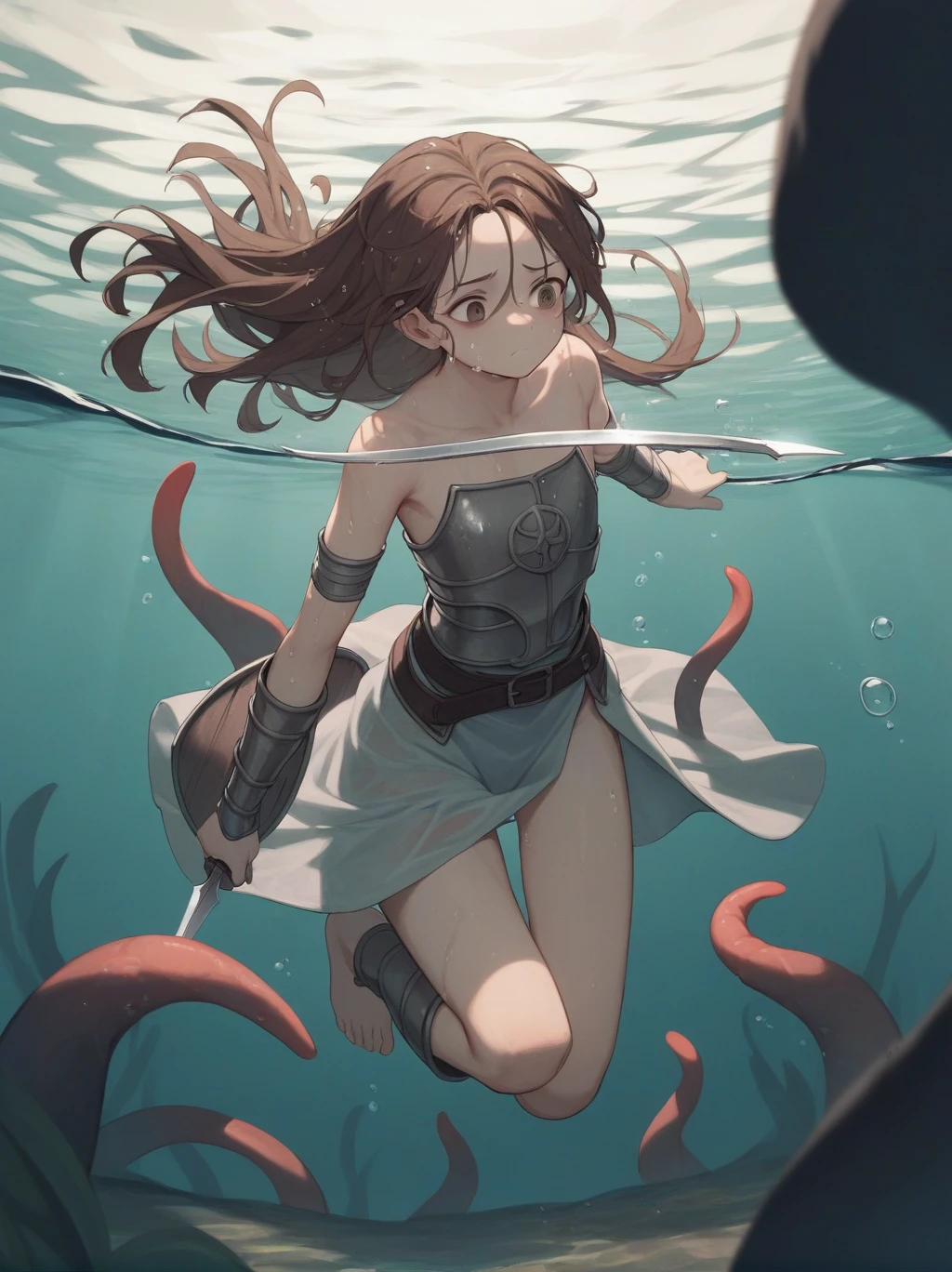 Partially underwater,最high quality,high quality, , Long Hair, Brown Hair, Wet Hair, Flat Chest,Dark underground labyrinth,No light,Cloth armor,Equipped with a dagger and a shield,Face above water,Body in water, Underwater Photography,The robe rolls up due to buoyancy,Painful face、My leg is pulled by tentacles、Being dragged into the water、Go wild