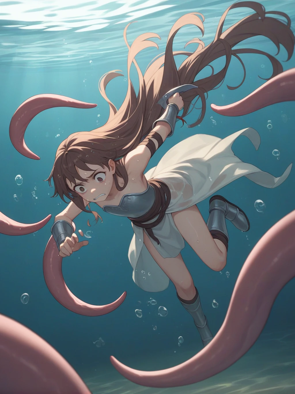 Partially underwater,最high quality,high quality, , Long Hair, Brown Hair, Wet Hair, Flat Chest,Dark underground labyrinth,No light,Cloth armor,Equipped with a dagger and a shield,Face above water,Body in water, Underwater Photography,The robe rolls up due to buoyancy,Painful face、My leg is pulled by tentacles、Being dragged into the water、Go wild