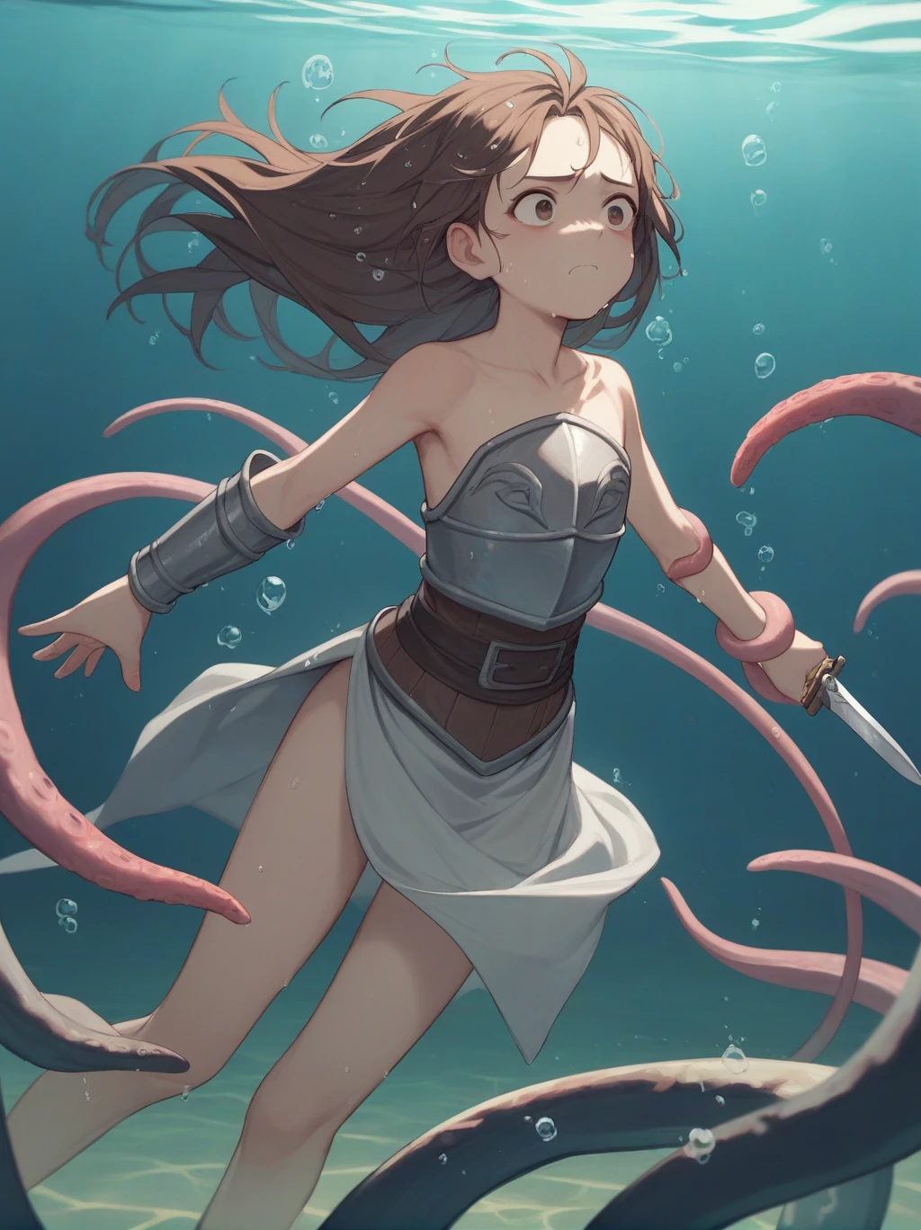 Partially underwater,最high quality,high quality, , Long Hair, Brown Hair, Wet Hair, Flat Chest,Dark underground labyrinth,No light,Cloth armor,Equipped with a dagger and a shield,Face above water,Body in water, Underwater Photography,The robe rolls up due to buoyancy,Painful face、My leg is pulled by tentacles、Being dragged into the water、Go wild