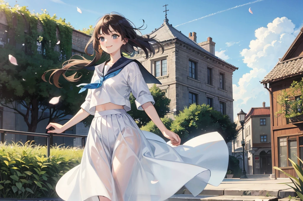 (masterpiece),  town,  blue sky,  One Girl,  smile,  alone,  Sailor suit、Long skirt,  Overgrown,  petal,  plant、Skirt lining、Translucent slip、Nostalgic、Strong winds、Skirt fluttering in the wind