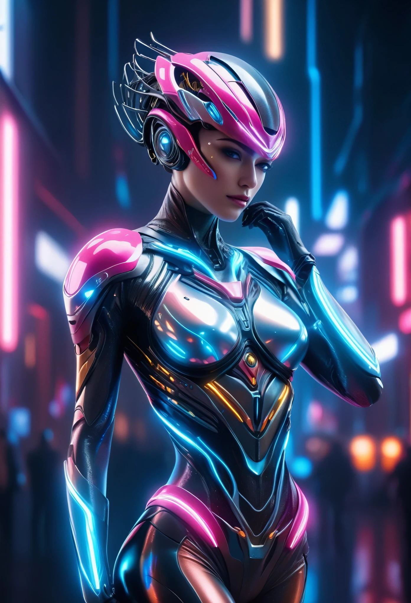 (Meilleure qualité, 4k, 8k, haute résolution, chef-d&#39;œuvre:1.2), ultra-détaillé, (Réaliste, photo Réaliste,photo-Réaliste:1.37),une belle danseuse cyborg androgyne détaillée, costume futuriste complexe, pose dramatique, néons lumineux, Éclairage cinématographique, très détaillé, 8k, photoRéaliste, art numérique primé