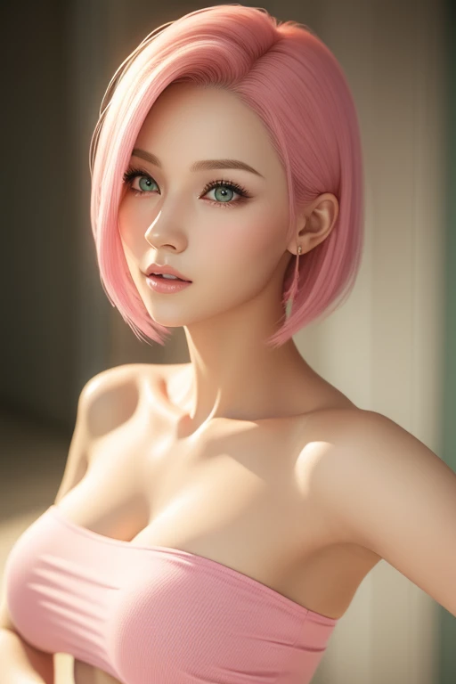 young woman, short shoulder-length pink hair, wide forehead, porcelain skin, pink eyebrows, big emerald green eyes, buttoned nose, full lips, heart-shaped face, slender body, small breasts, red tank top, Sakura Haruno , realistic, realism, details, 3d, well detailed
