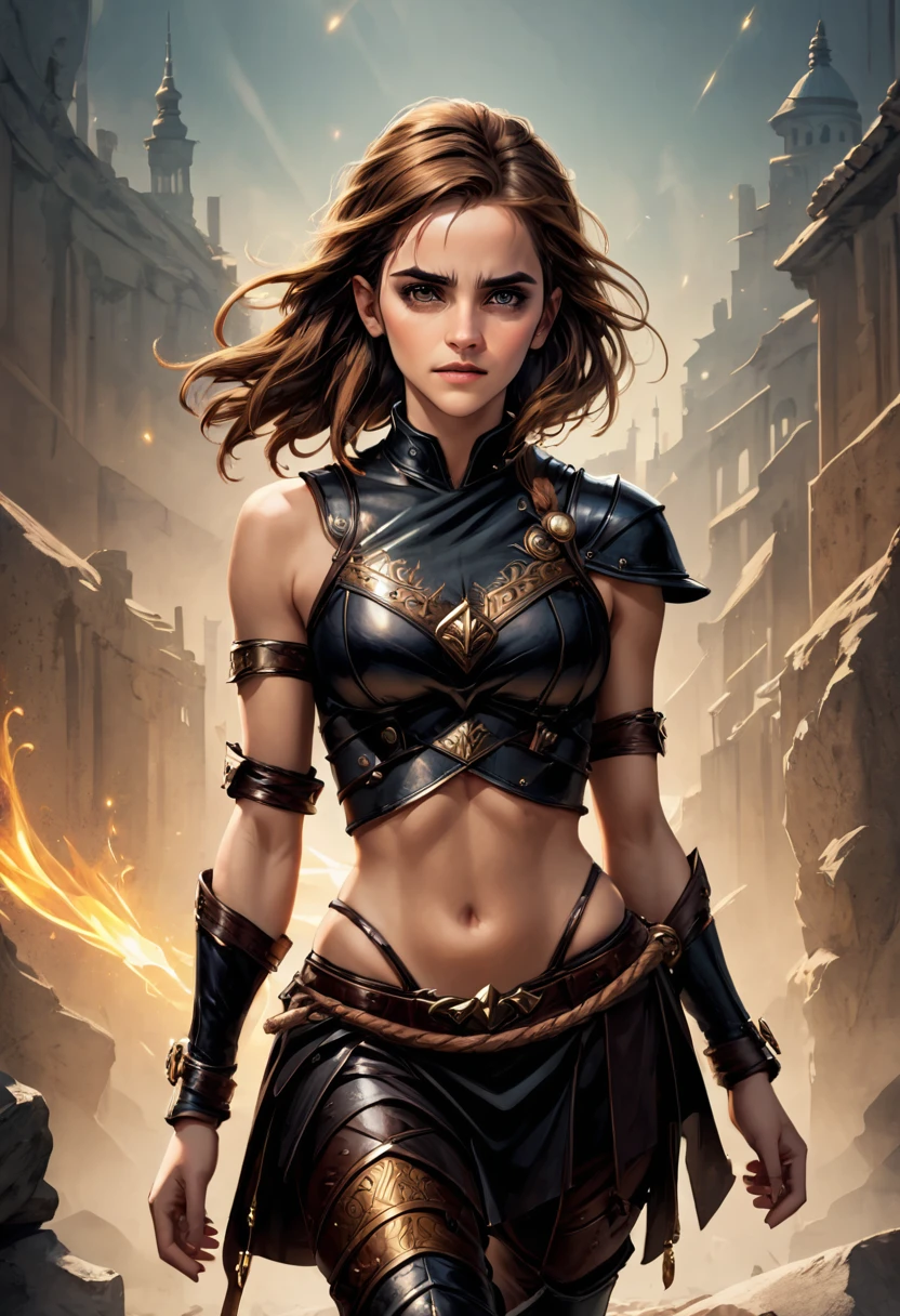 Emma Watson, Beautiful warrior woman, Gorgeous face, photo realistic, Full body running, Her presence is a symphony of contrasts, A harmony between the elegant and the reckless, dressed in parts of armor and sexy leather clothing, Elegant and warrior at the same time, His perfect anatomy stands as a guardian of an ancient time, every detail of this beautiful Viking warrior is a masterpiece, A testament to the artistic skill and technical prowess of the hands that created him, Photographic quality, His piercing gaze reveals a determination unshakable forged in the battles and challenges it has overcome., in the blurred background of the image, In an ancient city spreads like a tapestry of shadows and dancing lights.