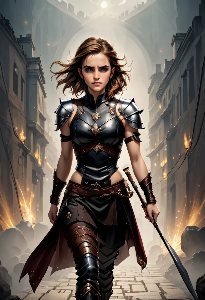 Emma Watson, Beautiful warrior woman, Gorgeous face, photo realistic, Full body running, Her presence is a symphony of contrasts, A harmony between the elegant and the reckless, dressed in parts of armor and sexy leather clothing, Elegant and warrior at the same time, His perfect anatomy stands as a guardian of an ancient time, every detail of this beautiful Viking warrior is a masterpiece, A testament to the artistic skill and technical prowess of the hands that created him, Photographic quality, His piercing gaze reveals a determination unshakable forged in the battles and challenges it has overcome., in the blurred background of the image, In an ancient city spreads like a tapestry of shadows and dancing lights.