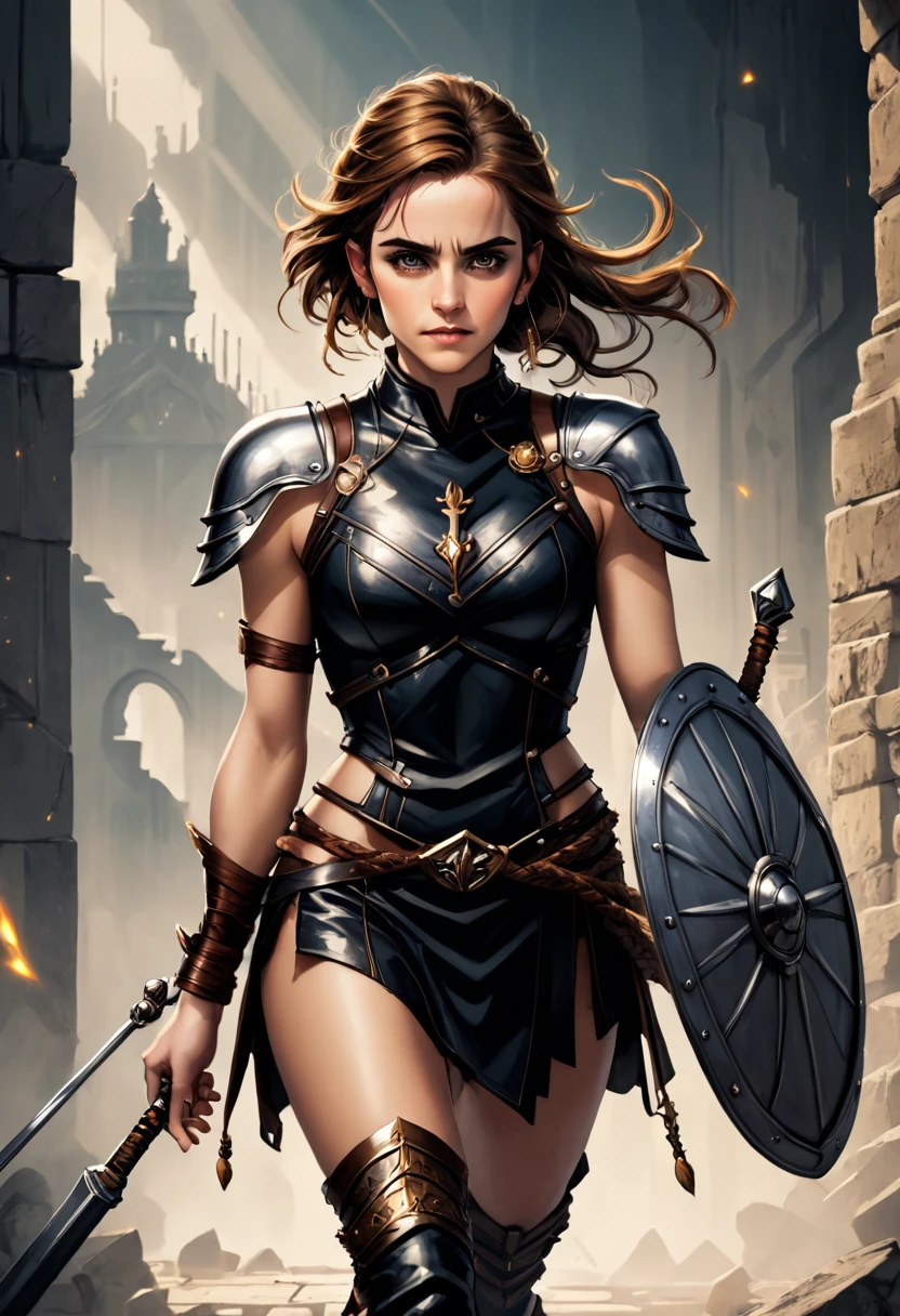 Emma Watson, Beautiful warrior woman, Gorgeous face, photo realistic, Full body running, Her presence is a symphony of contrasts, A harmony between the elegant and the reckless, dressed in parts of armor and sexy leather clothing, Elegant and warrior at the same time, His perfect anatomy stands as a guardian of an ancient time, every detail of this beautiful Viking warrior is a masterpiece, A testament to the artistic skill and technical prowess of the hands that created him, Photographic quality, His piercing gaze reveals a determination unshakable forged in the battles and challenges it has overcome., in the blurred background of the image, In an ancient city spreads like a tapestry of shadows and dancing lights.