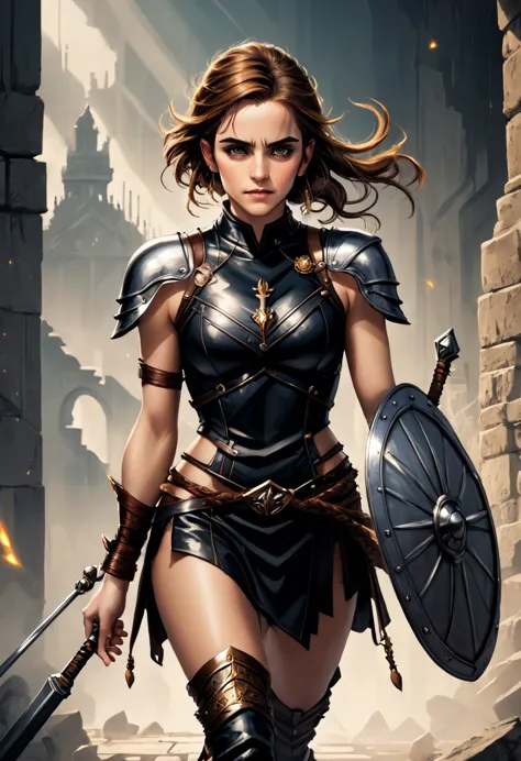 Emma Watson, Beautiful warrior woman, Gorgeous face, photo realistic, Full body running, Her presence is a symphony of contrasts...